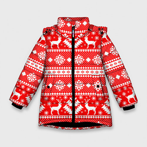 Зимняя куртка для девочки Новый год ели и олени на красном фоне / 3D-Черный – фото 1