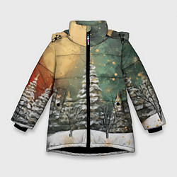 Куртка зимняя для девочки Большая луна и новогодний лес, цвет: 3D-черный