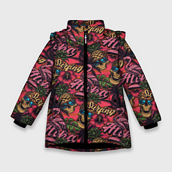 Зимняя куртка для девочки Черепа из ананасов и розовые фламинго