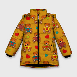Куртка зимняя для девочки Игрушечные мишки и разноцветные сердца, цвет: 3D-черный