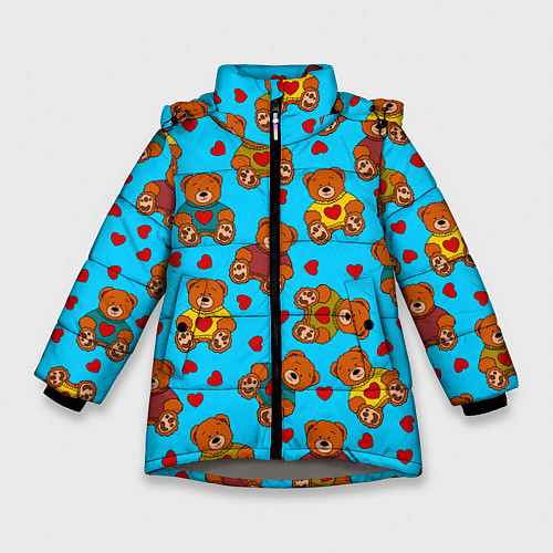 Зимняя куртка для девочки Мишки в цветных свитерах и сердечки / 3D-Светло-серый – фото 1