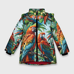 Куртка зимняя для девочки Попугаи Ара - тропики джунгли, цвет: 3D-красный