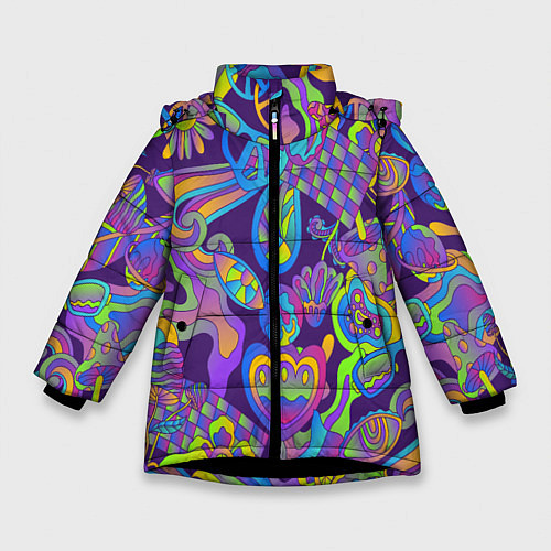 Зимняя куртка для девочки Психоделические цветы / 3D-Черный – фото 1