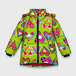 Куртка зимняя для девочки Разноцветные сердца в мексиканском стиле, цвет: 3D-красный