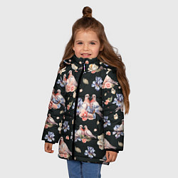 Куртка зимняя для девочки Голуби с розами и ирисами black, цвет: 3D-светло-серый — фото 2