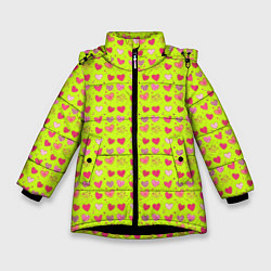 Куртка зимняя для девочки Сердечки на салатовом фоне, цвет: 3D-черный