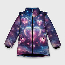 Куртка зимняя для девочки Космические сердца - звезды, цвет: 3D-черный