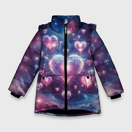 Зимняя куртка для девочки Космические сердца - звезды / 3D-Черный – фото 1