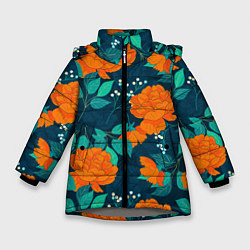 Куртка зимняя для девочки Паттерн с оранжевыми цветами, цвет: 3D-светло-серый