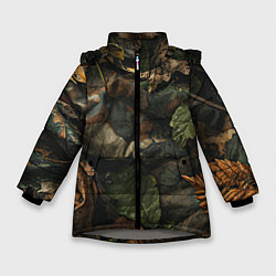 Куртка зимняя для девочки Реалистичный охотничий камуфляж из ткани и листьев, цвет: 3D-светло-серый