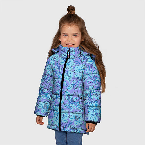 Зимняя куртка для девочки Узоры и цветы гжель паттерн / 3D-Светло-серый – фото 3