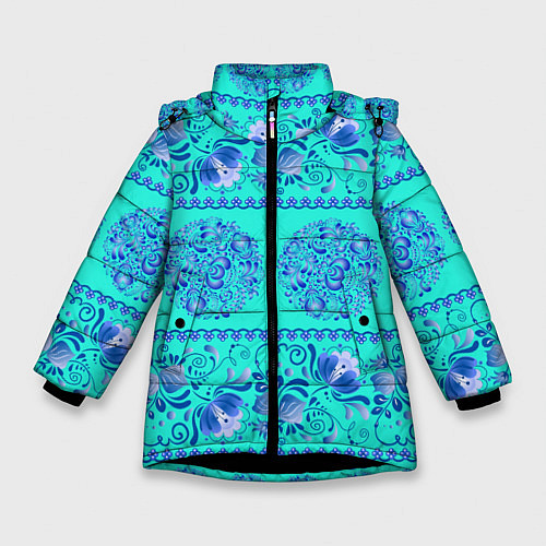 Зимняя куртка для девочки Гжель на бирюзовом фоне / 3D-Черный – фото 1