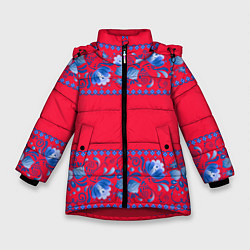 Куртка зимняя для девочки Голубая гжель на красном фоне, цвет: 3D-красный