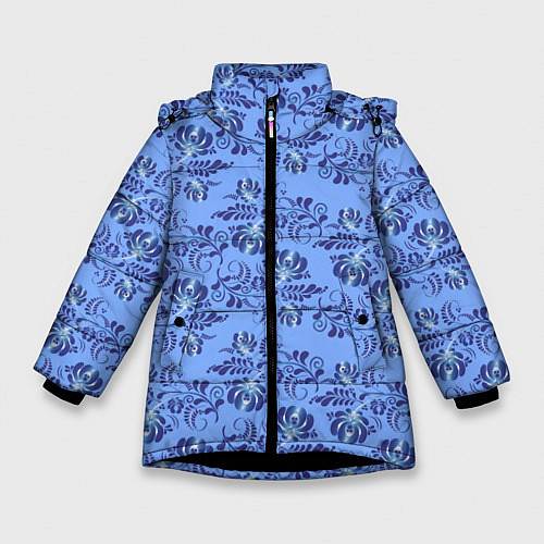 Зимняя куртка для девочки Узоры гжель на голубом фоне / 3D-Черный – фото 1