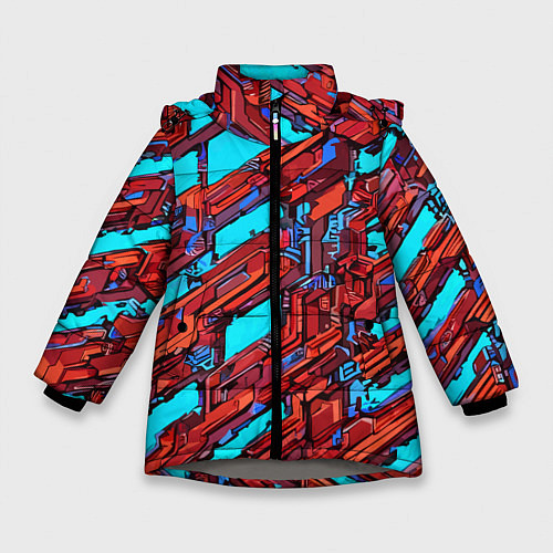 Зимняя куртка для девочки Красные фрагменты на голубом фоне / 3D-Светло-серый – фото 1