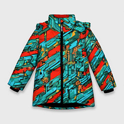 Куртка зимняя для девочки Голубые фрагменты на красном фоне, цвет: 3D-черный