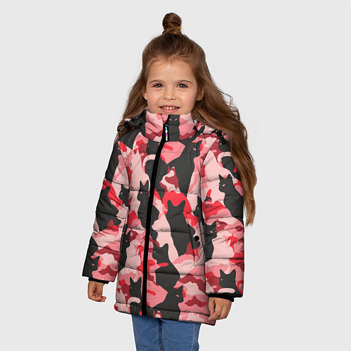 Зимняя куртка для девочки Розовый камуфляж из котов / 3D-Красный – фото 3