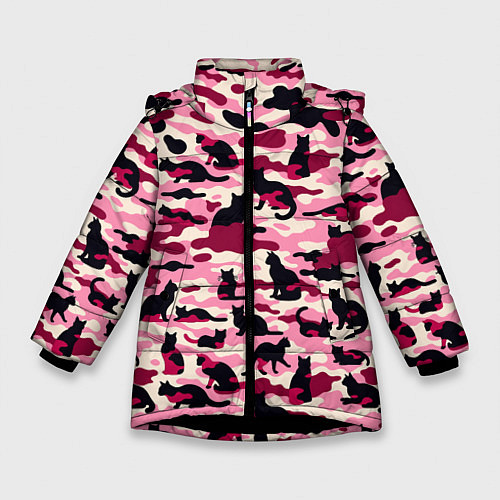 Зимняя куртка для девочки Камуфляжные розовые котики / 3D-Черный – фото 1