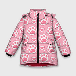Куртка зимняя для девочки Кошачьи лапки и сердечки, цвет: 3D-красный