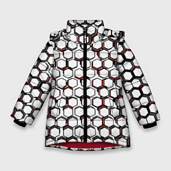 Куртка зимняя для девочки Киберпанк узор из шестиугольников красный, цвет: 3D-красный