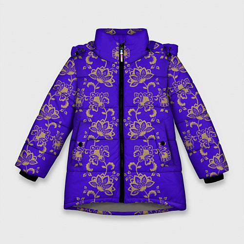 Зимняя куртка для девочки Контурные цветы на фиолетовом фоне / 3D-Светло-серый – фото 1