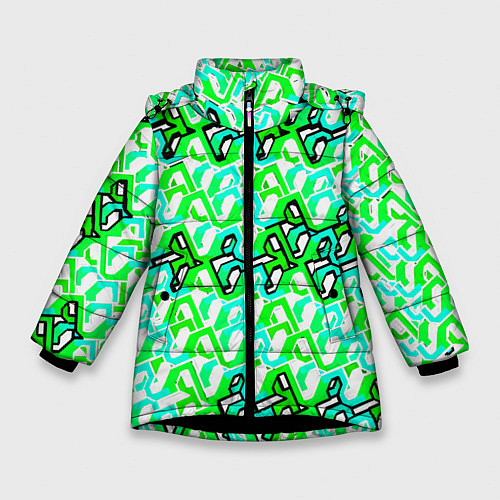 Зимняя куртка для девочки Зелёный узор и бело-чёрная обводка / 3D-Черный – фото 1