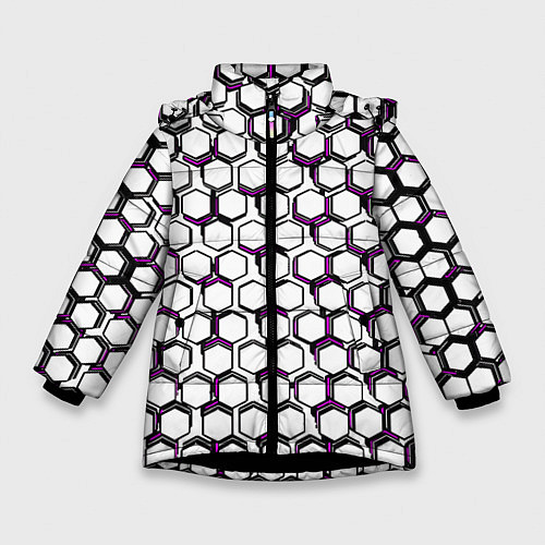 Зимняя куртка для девочки Киберпанк узор из шестиугольников розовый / 3D-Черный – фото 1