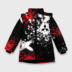 Куртка зимняя для девочки Митсубиси на фоне граффити и брызг красок, цвет: 3D-черный