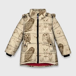 Куртка зимняя для девочки Эскизы сов тетрадный лист в клетку, цвет: 3D-красный