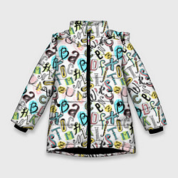 Куртка зимняя для девочки Цветные каракули буквы алфавита, цвет: 3D-черный