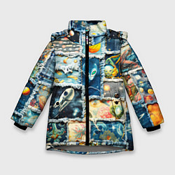 Куртка зимняя для девочки Космические обитатели - пэчворк, цвет: 3D-светло-серый