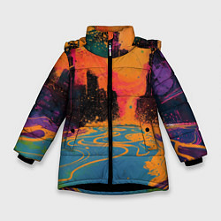 Куртка зимняя для девочки Абстрактная городская улица со зданиями и река, цвет: 3D-черный
