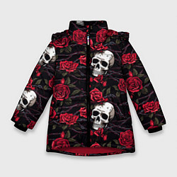 Куртка зимняя для девочки Черепа с алыми розами, цвет: 3D-красный