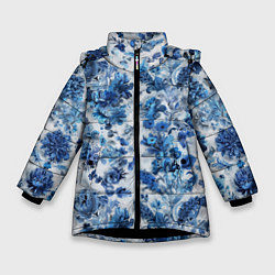 Куртка зимняя для девочки Цветочный сине-голубой узор, цвет: 3D-черный
