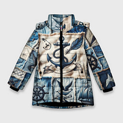 Куртка зимняя для девочки Пэчворк с якорем - джинсовка моряка, цвет: 3D-черный