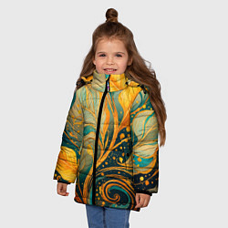Куртка зимняя для девочки Золотые и бирюзовые листья абстракция, цвет: 3D-светло-серый — фото 2
