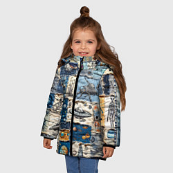 Куртка зимняя для девочки Джинсовый пэчворк с пришельцами, цвет: 3D-красный — фото 2