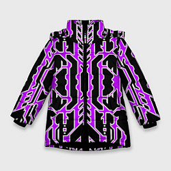 Куртка зимняя для девочки Техно фиолетовые линии с белой обводкой на чёрном, цвет: 3D-черный