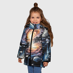 Куртка зимняя для девочки Слияние двух галактик - неоновое свечение, цвет: 3D-красный — фото 2