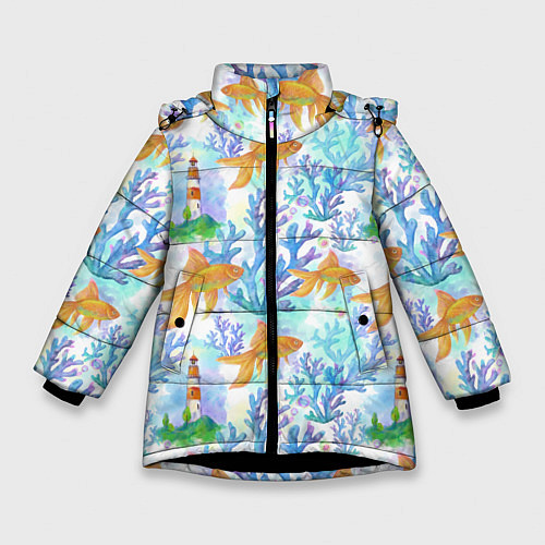 Зимняя куртка для девочки Золотая рыбка и кораллы акварельные / 3D-Черный – фото 1