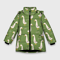 Куртка зимняя для девочки Утки на зеленой травке - паттерн, цвет: 3D-черный