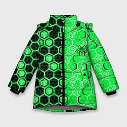 Куртка зимняя для девочки Техно-киберпанк шестиугольники зелёный и чёрный с, цвет: 3D-светло-серый