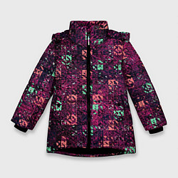 Куртка зимняя для девочки Тёмный пурпурный текстурированный кубики, цвет: 3D-черный