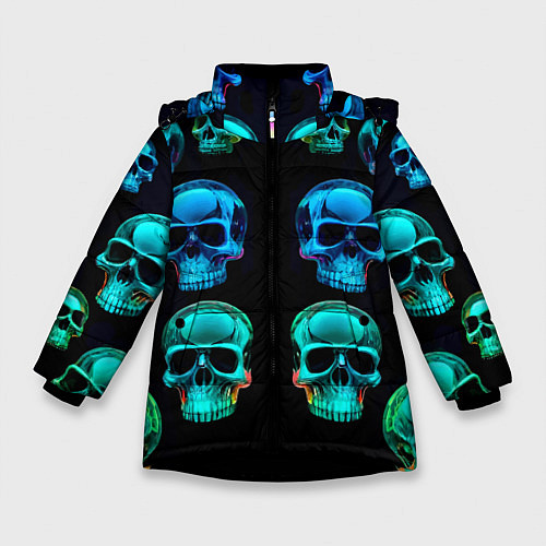 Зимняя куртка для девочки Neon skulls - ai art pattern / 3D-Черный – фото 1