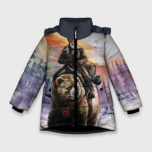 Зимняя куртка для девочки Красноармеец на медведе / 3D-Черный – фото 1