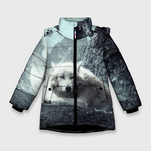 Зимняя куртка для девочки Волк в горах / 3D-Черный – фото 1