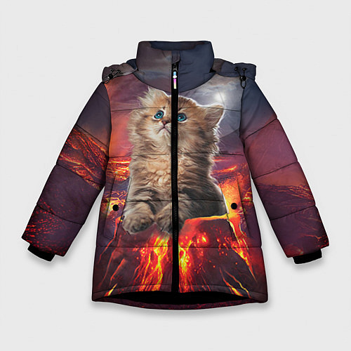 Зимняя куртка для девочки Кот на вулкане / 3D-Черный – фото 1
