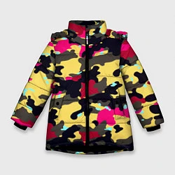 Куртка зимняя для девочки Камуфляж: желтый/черный/розовый, цвет: 3D-черный