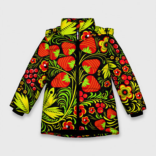 Зимняя куртка для девочки Хохлома: земляника / 3D-Черный – фото 1