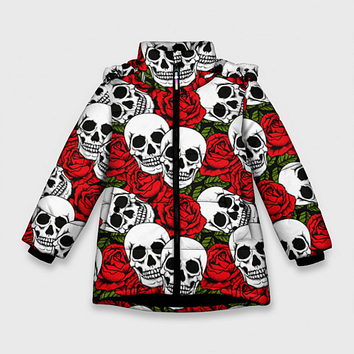 Зимняя куртка для девочки Черепа в розах / 3D-Черный – фото 1